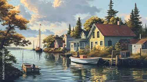  a painting of a boat in the water next to a house with a red roof and a boat in the water next to a row of houses and a row of trees.