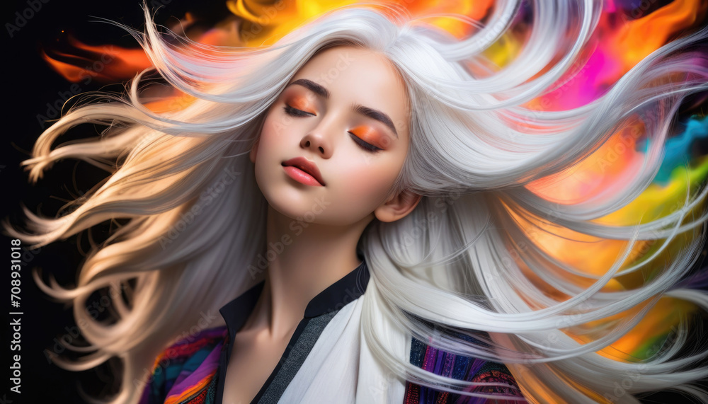 AI generated illustration of a beautiful Woman with long white hair , vibrant realistic colors , 



