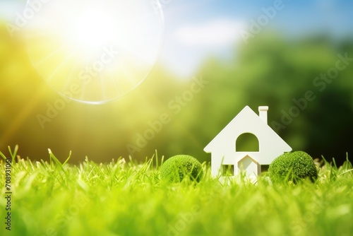 Green home icon on a green lawn with sun shining copy space. Environmentally friendly construction