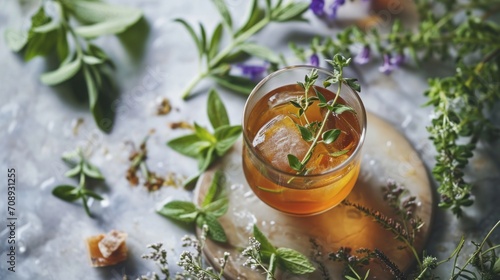  a drink in a glass with a sprig of green leaves on top of it next to a bunch of flowers and other greenery on a gray surface.