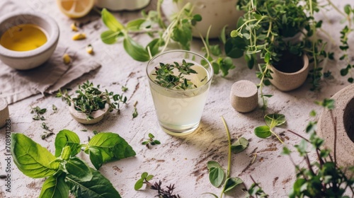  a table topped with lots of green plants next to cups of tea and a bowl of lemons on top of a white table cloth covered with a white table cloth.