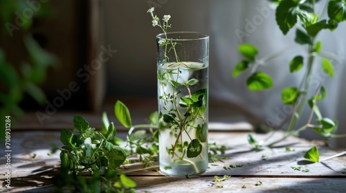  a glass filled with water sitting on top of a wooden table next to a bunch of green leaves and a potted plant in the middle of the glass with water.