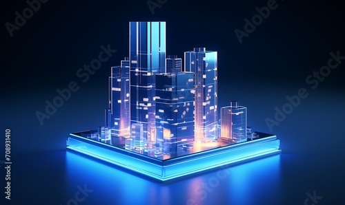 Holo blue concept 3d rendering maquette miniature model of small skyscraper building in real estate agency. futuristic business. Generative Ai