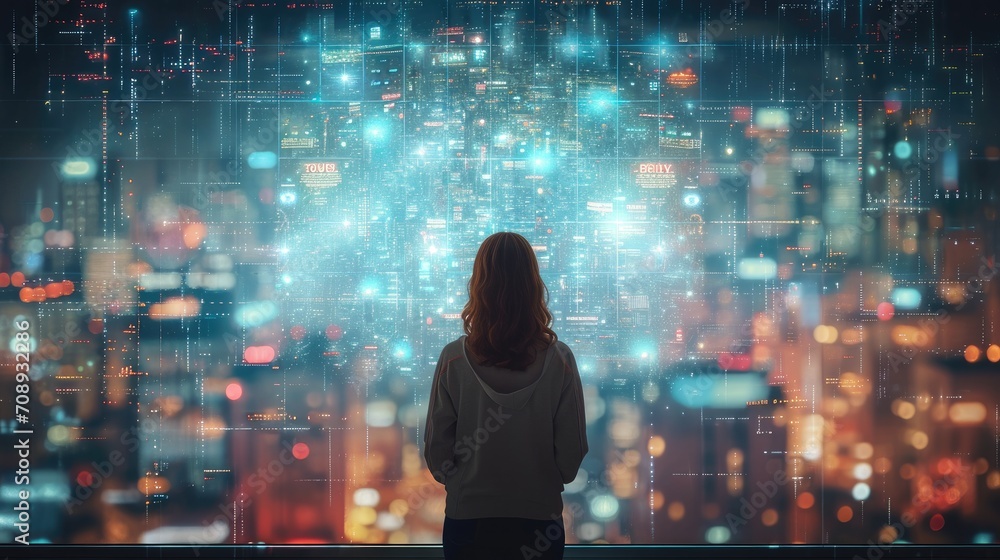 A woman is looking at a huge hi tech poster. Generative AI. A woman is looking at a huge hi tech poster. Generative AI.