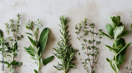  a group of different types of herbs on a white surface with green leaves on the top and bottom of the stems and leaves on the bottom of the top of the stems.