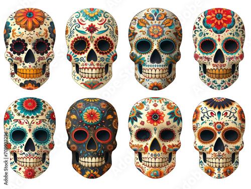 Cinco de Mayo Sugar Skull Set Isolated on Transparent or White Background, PNG