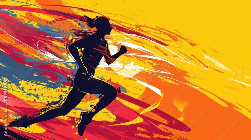  a painting of a person running on a yellow and red background with a splash of paint on the bottom half of the image and bottom half of the image of the image.