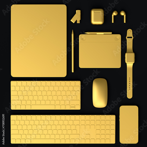 Computer tablet with keyboard, mouse and phone isolated on black background.