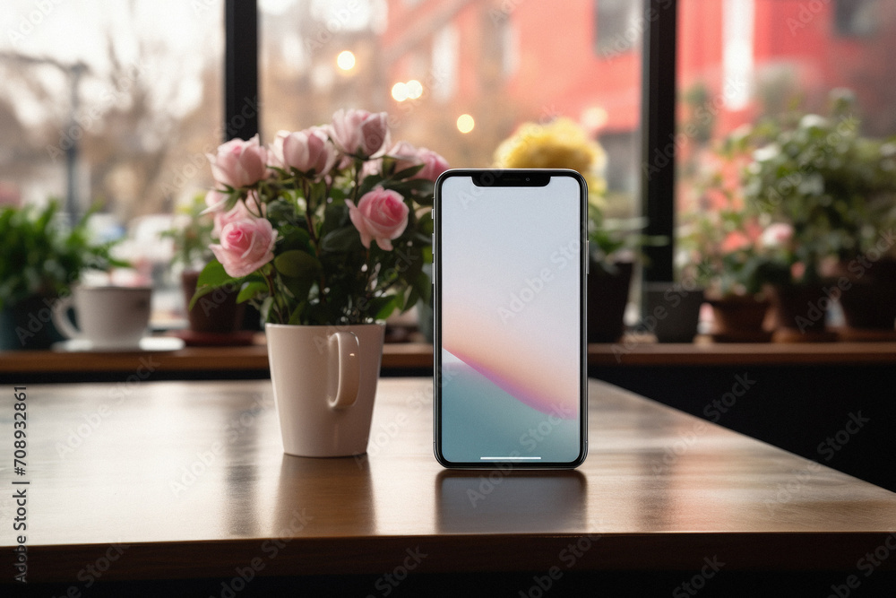 Smartphone with a blank screen on a wooden table in a cafe . Smartphone with a blank screen on a wooden table in a cafe .