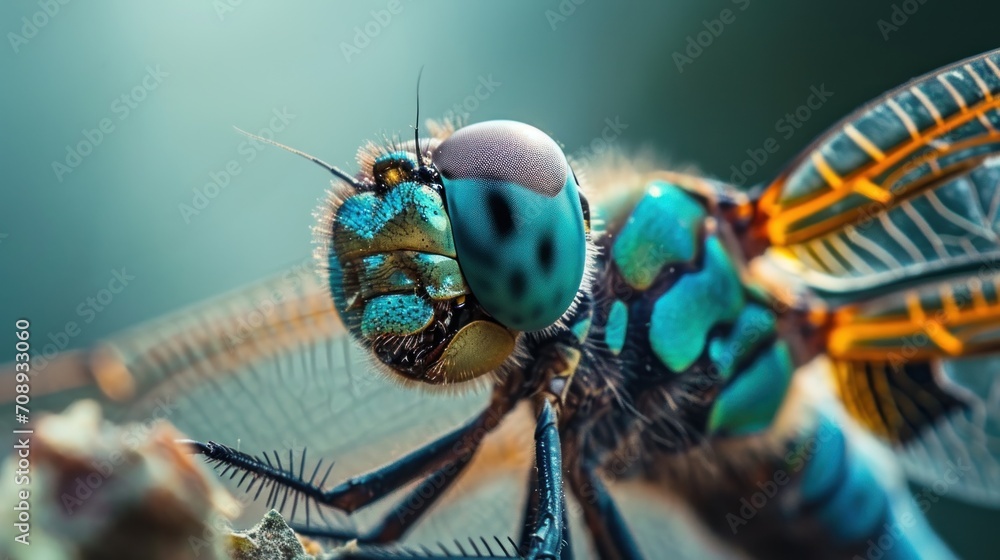  a close up of a blue dragonfly sitting on top of a piece of wood with it's eyes closed and head tilted to the side of the dragonfly. - obrazy, fototapety, plakaty 