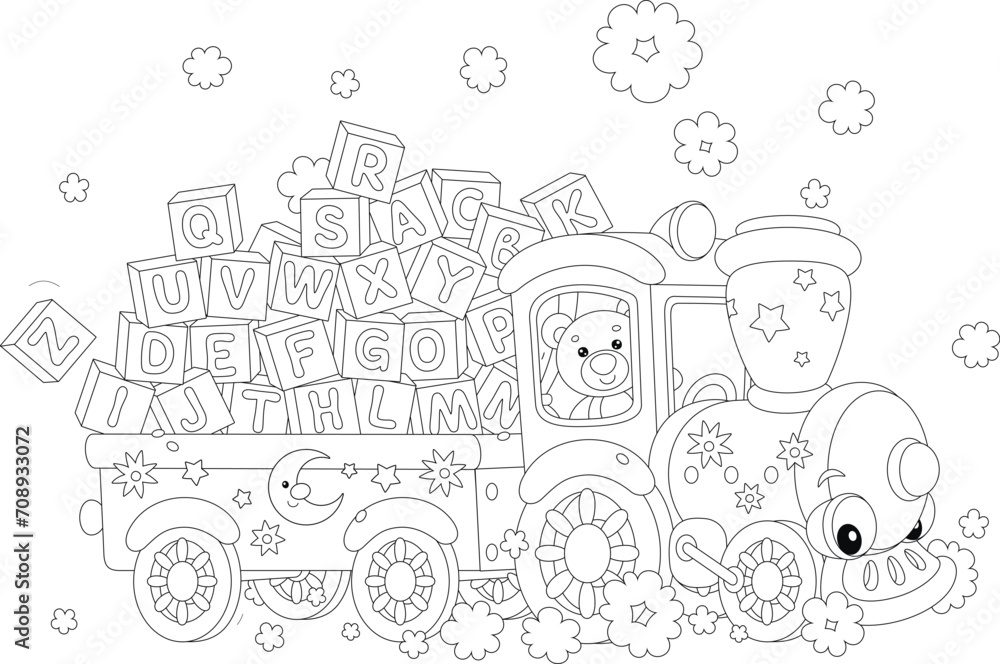 Teddy bear in a funny toy train and trail full of baby cubes with letters of English alphabet, black and white vector cartoon illustration for a coloring book