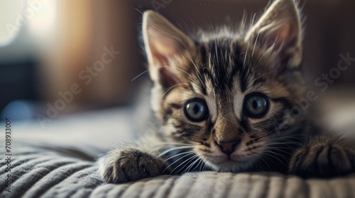  a close up of a kitten laying on a bed with its paws on the edge of the bed and looking at the camera with a serious look on its face.