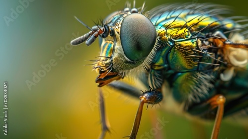  a close up of a fly insect on a green and yellow background with a blurry image of the eyes and head of a fly insect in the foreground.