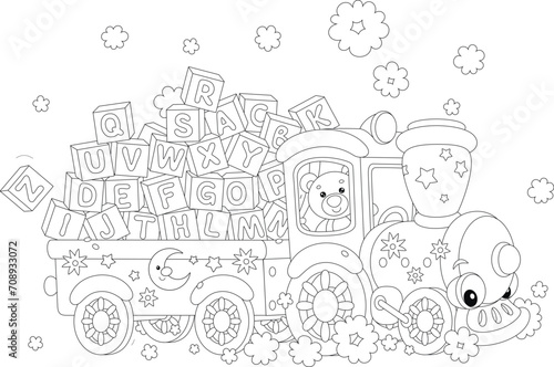 Teddy bear in a funny toy train and trail full of baby cubes with letters of English alphabet  black and white vector cartoon illustration for a coloring book