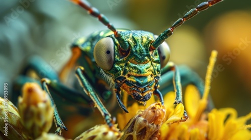  a close up of a green and yellow insect on a flower with yellow flowers in the foreground and a blurry background of yellow flowers in the foreground. © Olga