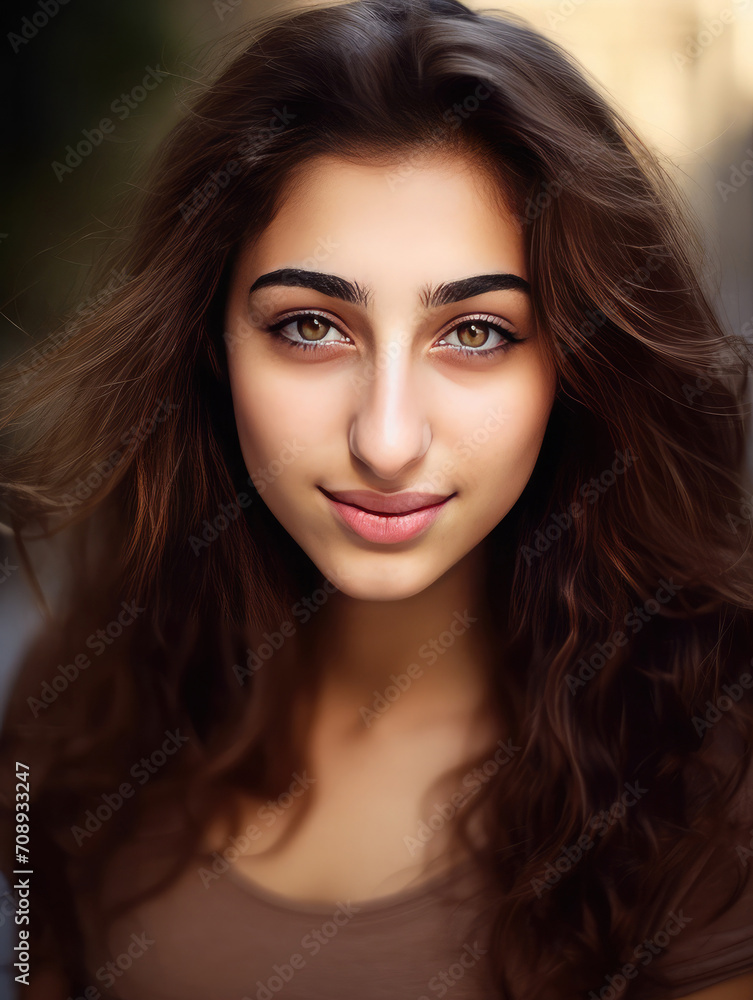 Fototapeta premium Portrait of a gorgeous young italian girl with brown hair and hazel eyes. 