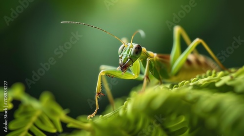  a close up of a grasshopper on a green leafy plant with a blurry background of leaves and a blurry image of the grasshopper is in the foreground of the foreground.