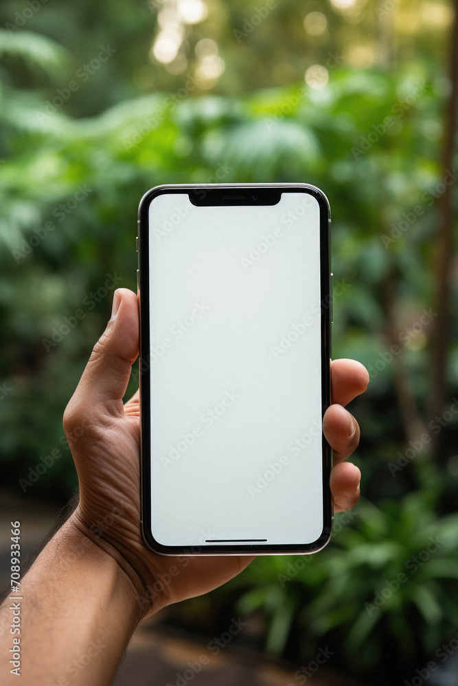 Male hand holding smartphone with white screen in the park, mockup