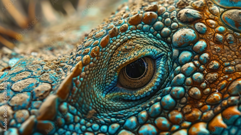 Fototapeta premium a close up view of the eye of a green and yellow iguana, looking straight into the camera lens, with a blurry background of the body of the lizard's head.