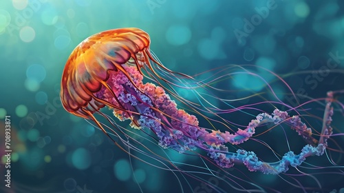  a close up of a jellyfish on a blue and green background with a blurry image of a jellyfish in the bottom right corner of the picture, and the bottom half of the image.