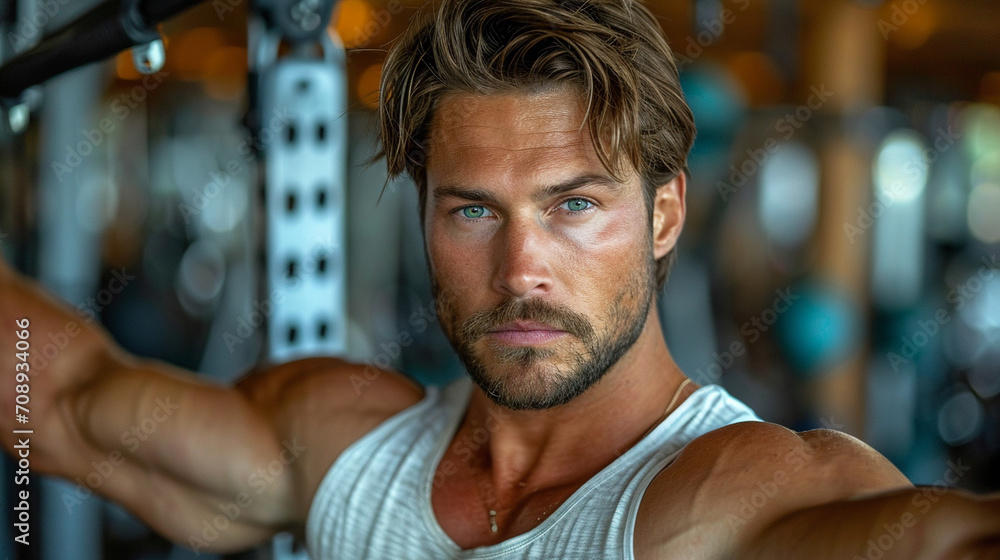 A suave and athletic man in a gym, displaying both strength and grace as he navigates through an advanced exercise routine, surrounded by sleek equipment and a sophisticated atmosp A suave and athletic man in a gym, displaying both strength and grace as he navigates through an advanced exercise routine, surrounded by sleek equipment and a sophisticated atmosp