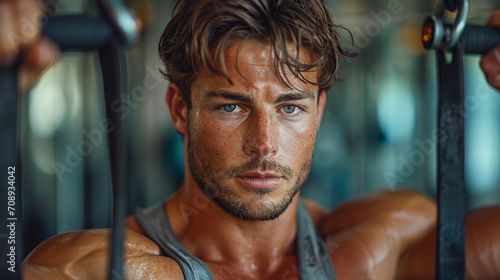 A poised and handsome individual performing a series of exercises with finesse, set against the backdrop of a modern fitness center, emphasizing the seamless integration of sophist