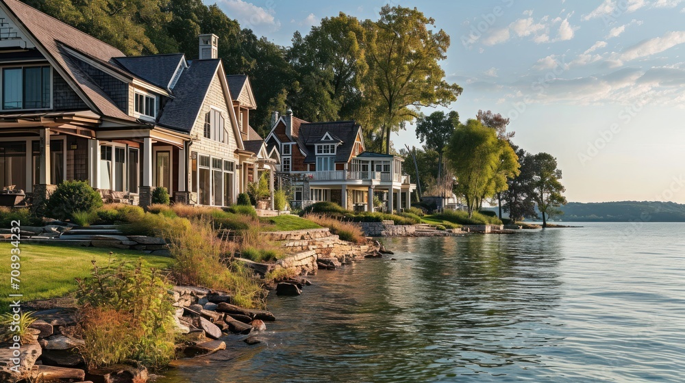 Obraz premium a row of houses sitting on the side of a lake next to a row of houses on the other side of a row of houses next to a body of water.