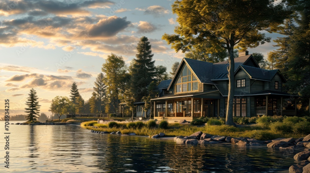 Fototapeta premium a painting of a house on the shore of a lake with trees and rocks in the foreground and a sunset in the background with clouds in the foreground.