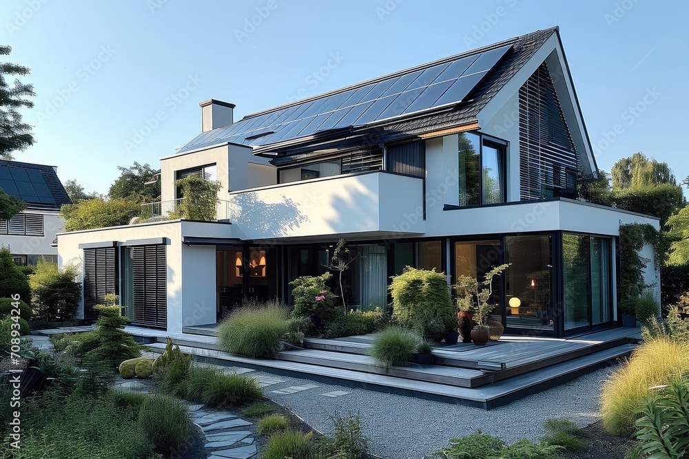 A modern house with solar panels. Generative AI.