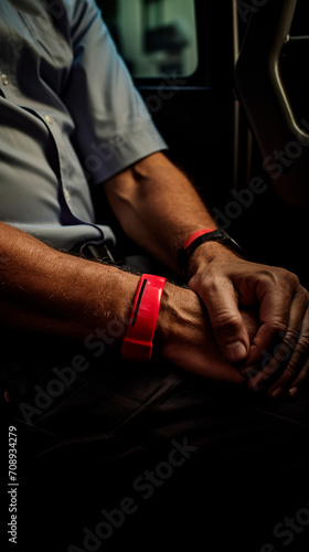 Close-up of the clasped hands of a man in a red uniform of rescuers or emergency workers with reflective stripes. Emergency response and rescue services. Public safety