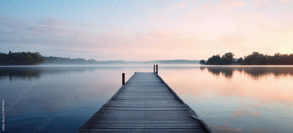 Fototapeta premium Tranquil lake scene at sunrise with wooden pier. Serenity and nature.
