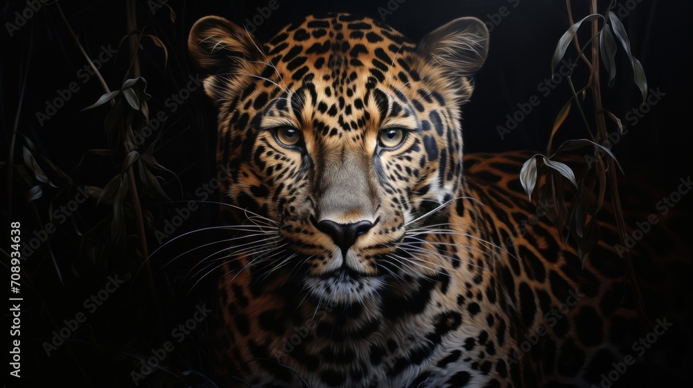  a painting of a leopard in the dark with leaves on it's head and a black background with a white spot on the right side of the face of the image.