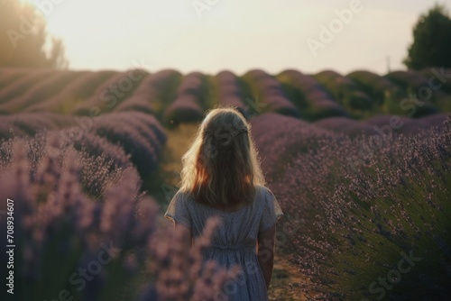 Rear view of girl standing in lavender fields, travel to Provence in summer, girl traveling in lavender fields in southern France, faceless travel footage photo