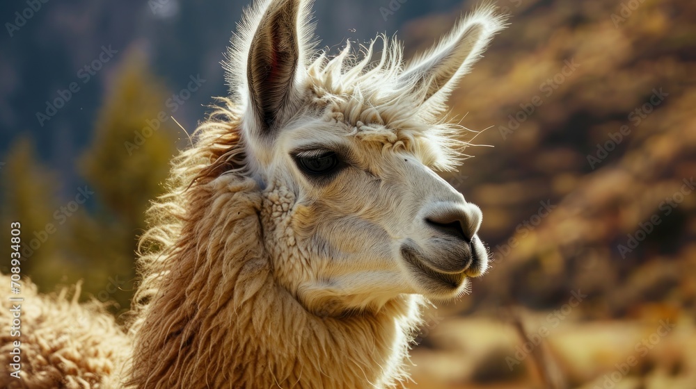 Obraz premium a close up of a llama's face with a mountain in the backgroup of the image in the background with trees in the foreground.
