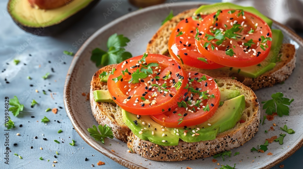 Healthy looking avocado and tomato with seeds on plate, Sandwich, Angle from above. Generative AI. Healthy looking avocado and tomato with seeds on plate, Sandwich, Angle from above. Generative AI.