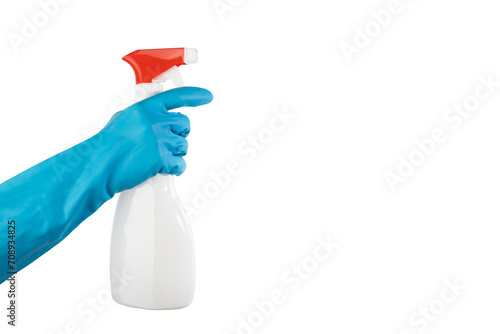 cleaning spray, detergent in a bottle, isolated, hand in glove photo