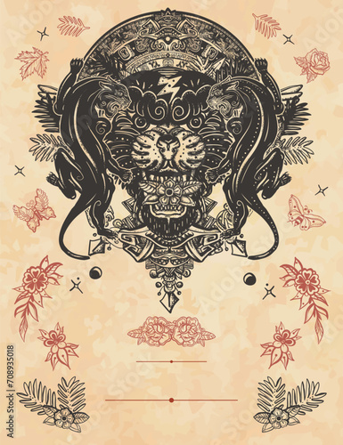 Black panthers and mayan sun calendar.  frame. Old paper vector. Cover page template. Mesoamerican mexican culture. Vertical background