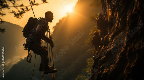 Vertical journey, A skilled climber scales rocky heights, tethered by a secure climbing rope. photo