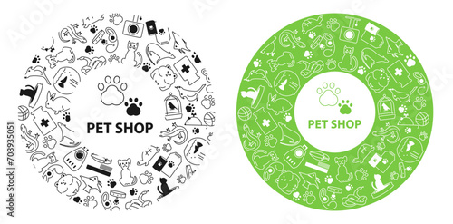 Round banner of a pet store with flat pictograms. Logo products for animals. Symbols and icons in circular ornaments.