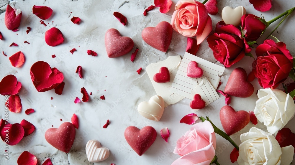 a white table topped with lots of red and white heart shaped candies next to a bouquet of pink and white roses on top of a marble slab of paper. a white table topped with lots of red and white heart shaped candies next to a bouquet of pink and white roses on top of a marble slab of paper.