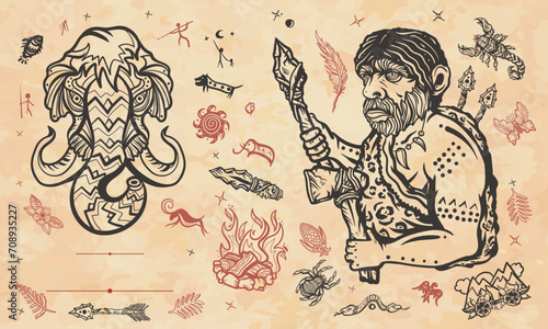 Stone age frame. Old paper vector. Neolithic and paleolithic people. Cover page template. Cave man neanderthal, hunting mammoth. Vertical background