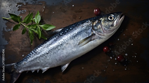  a fish sitting on top of a cutting board next to a knife and some cranberries on top of a wooden cutting board with a green leafy stem.