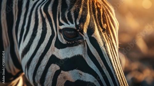  a close up of a zebra s face with the sun shining on the back of it s head and a blurry background of trees in the background.