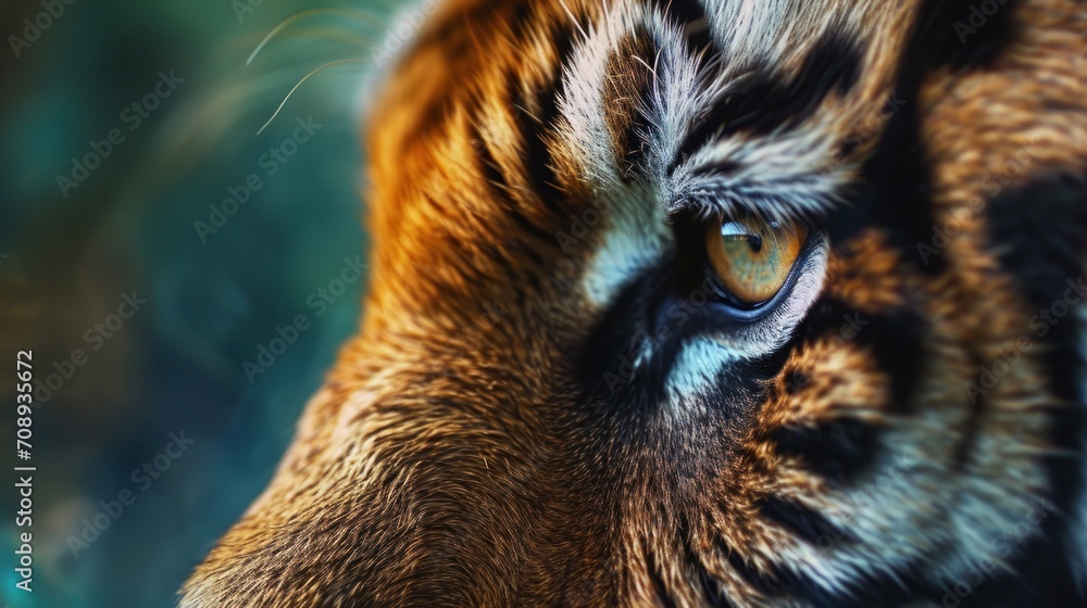  a close up of a tiger's face with a blurry background and a blurry image of a tiger's face in the middle of the foreground.