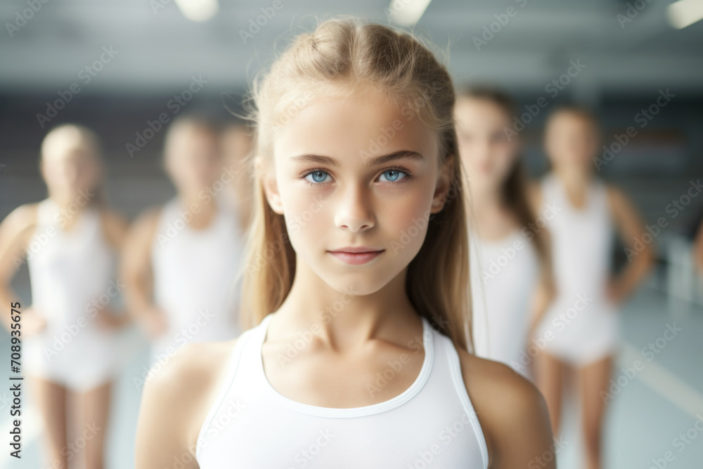 Portrait of a determined young female gymnast with teammates in the background.