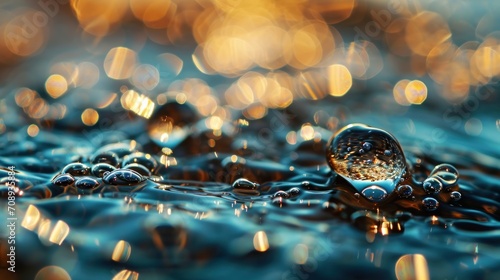  a close up of a drop of water on a surface of water with a boke of light reflecting off the surface of the water and the droplet of the water. photo