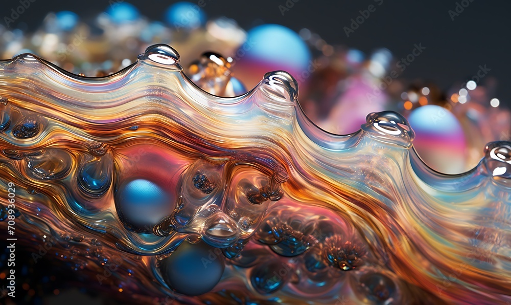 Layers of oil in the light reveal globs of sticky, glistening liquid slime dripping with intense iridescent opal pearls in the style of rainbow liquid . Generative Ai - obrazy, fototapety, plakaty 