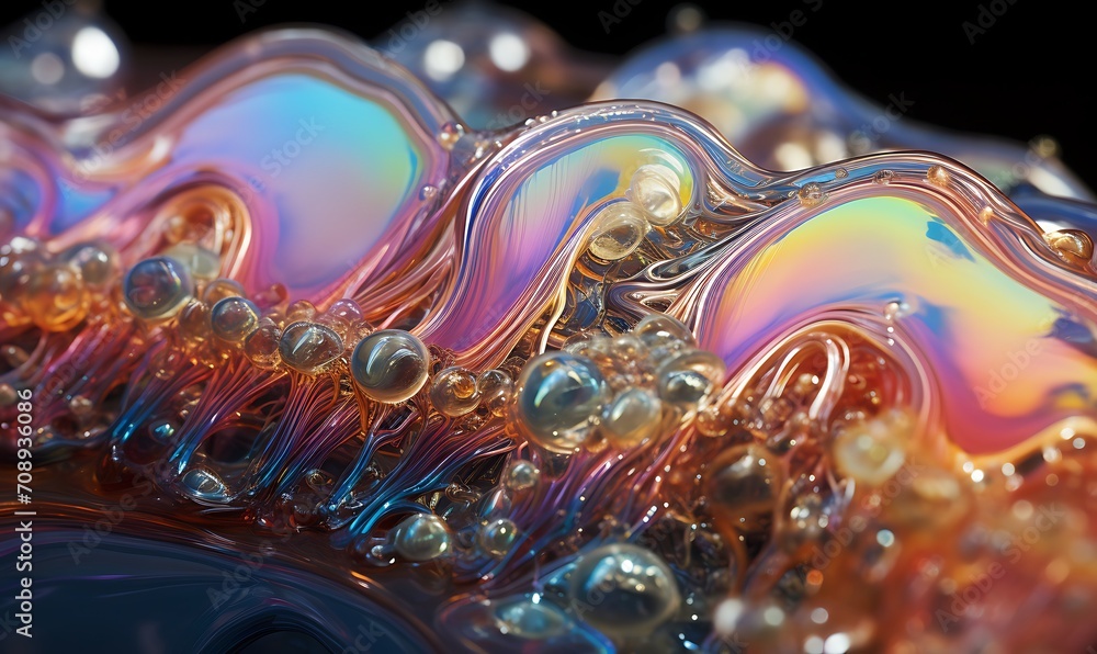 Layers of oil in the light reveal globs of sticky, glistening liquid slime dripping with intense iridescent opal pearls in the style of rainbow liquid . Generative Ai - obrazy, fototapety, plakaty 