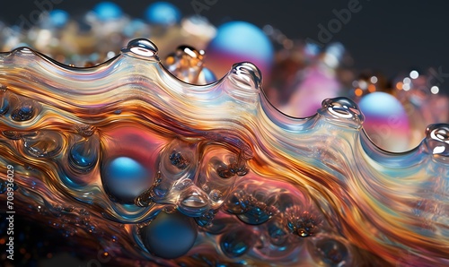 Layers of oil in the light reveal globs of sticky, glistening liquid slime dripping with intense iridescent opal pearls in the style of rainbow liquid . Generative Ai