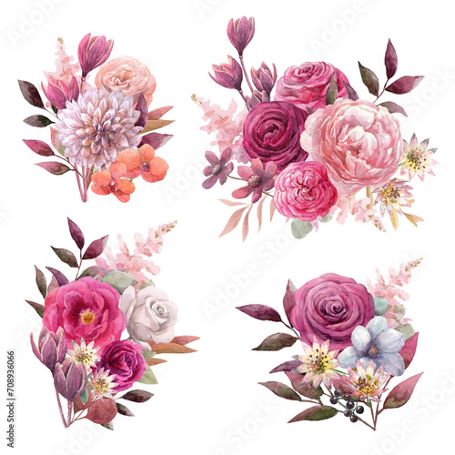 Watercolor floral arrangements with marsala,burgundy,pink,peach roses,orange orchid,grey dahlia,leaves.